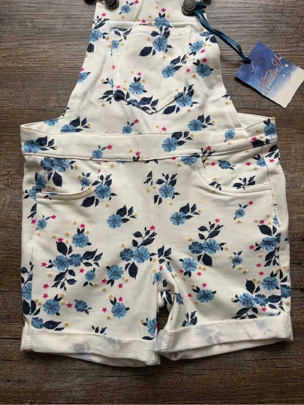 Floral Denim Shortalls with Blue and Pink Accents
